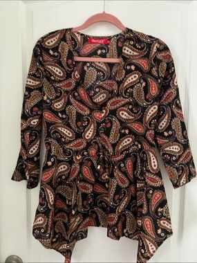 Reflex Black Paisley V-Neck Tie-Waist Tunic with Red and Cream Details